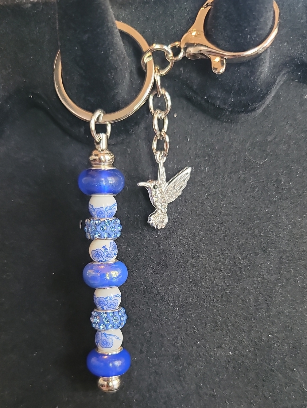 Blue Beaded Keychain with Hummingbird Charm